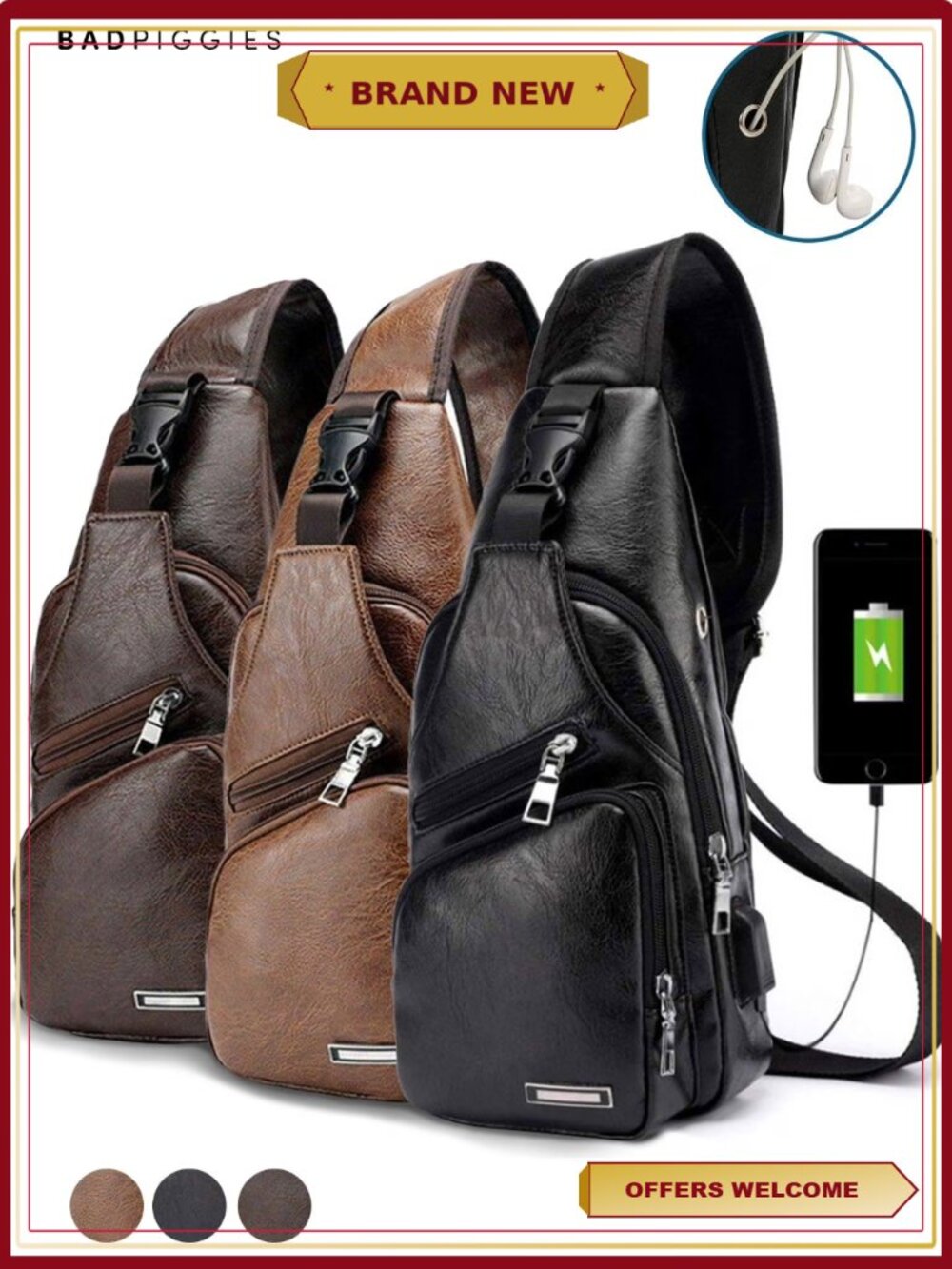 PU Leather Sling Bag Daypack Crossbody Chest Bag Anti Theft USB Charging